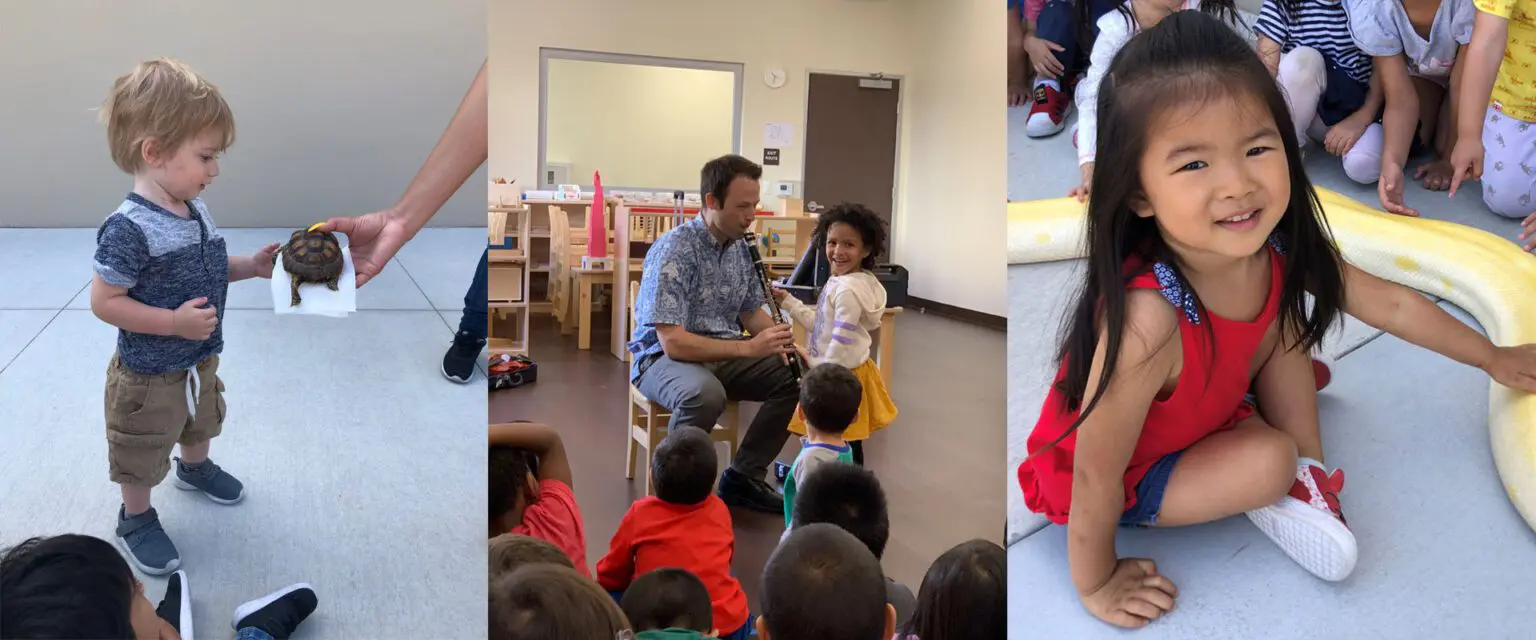 A group of people sitting in front of children.