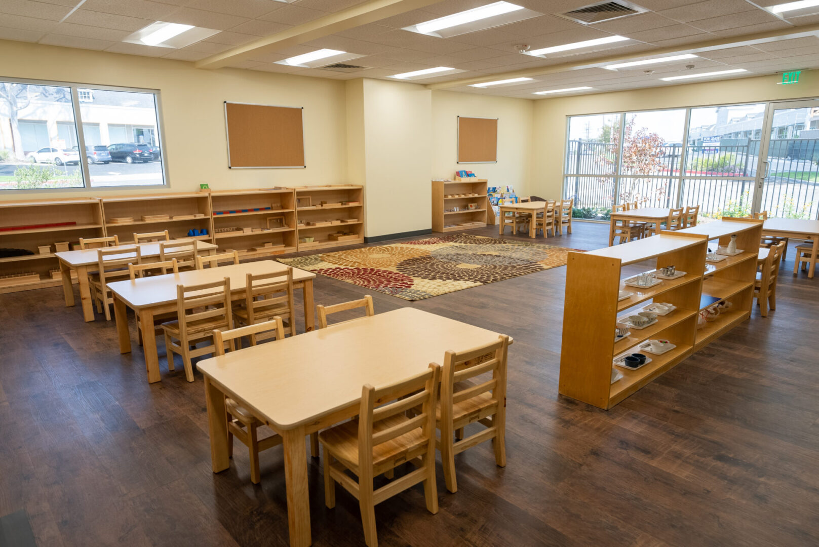 A room with tables and chairs in it